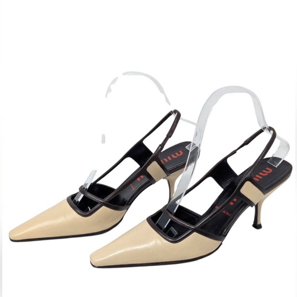 Miu Miu Slingback Pumps Beige Brown Pointed Toe Eu 36.5 Us 6.5